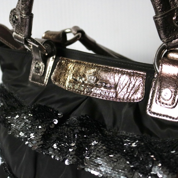 My Flat In London 'Brighton' Black Silver Sequin Shoulder Bag Purse Leather - Picture 5 of 13
